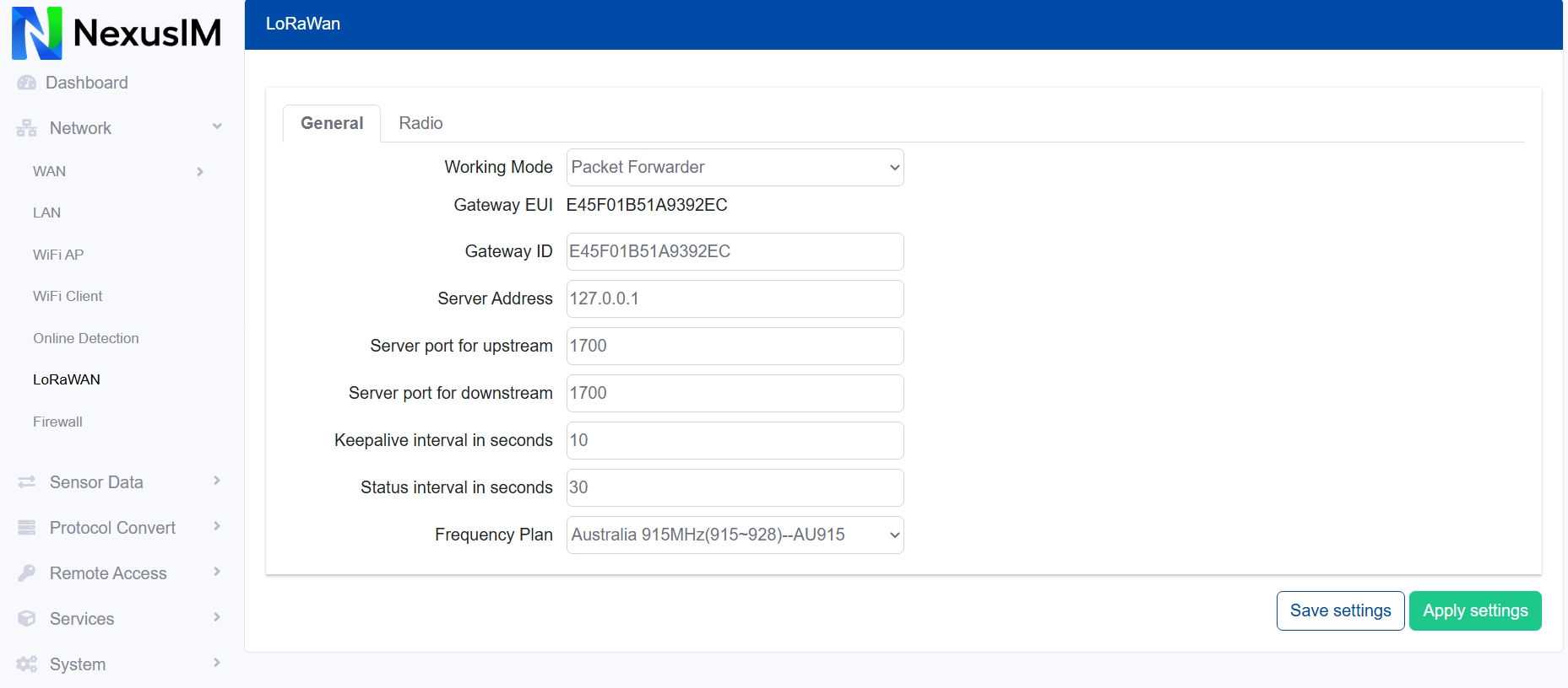 Lorawan packet forwarder mode