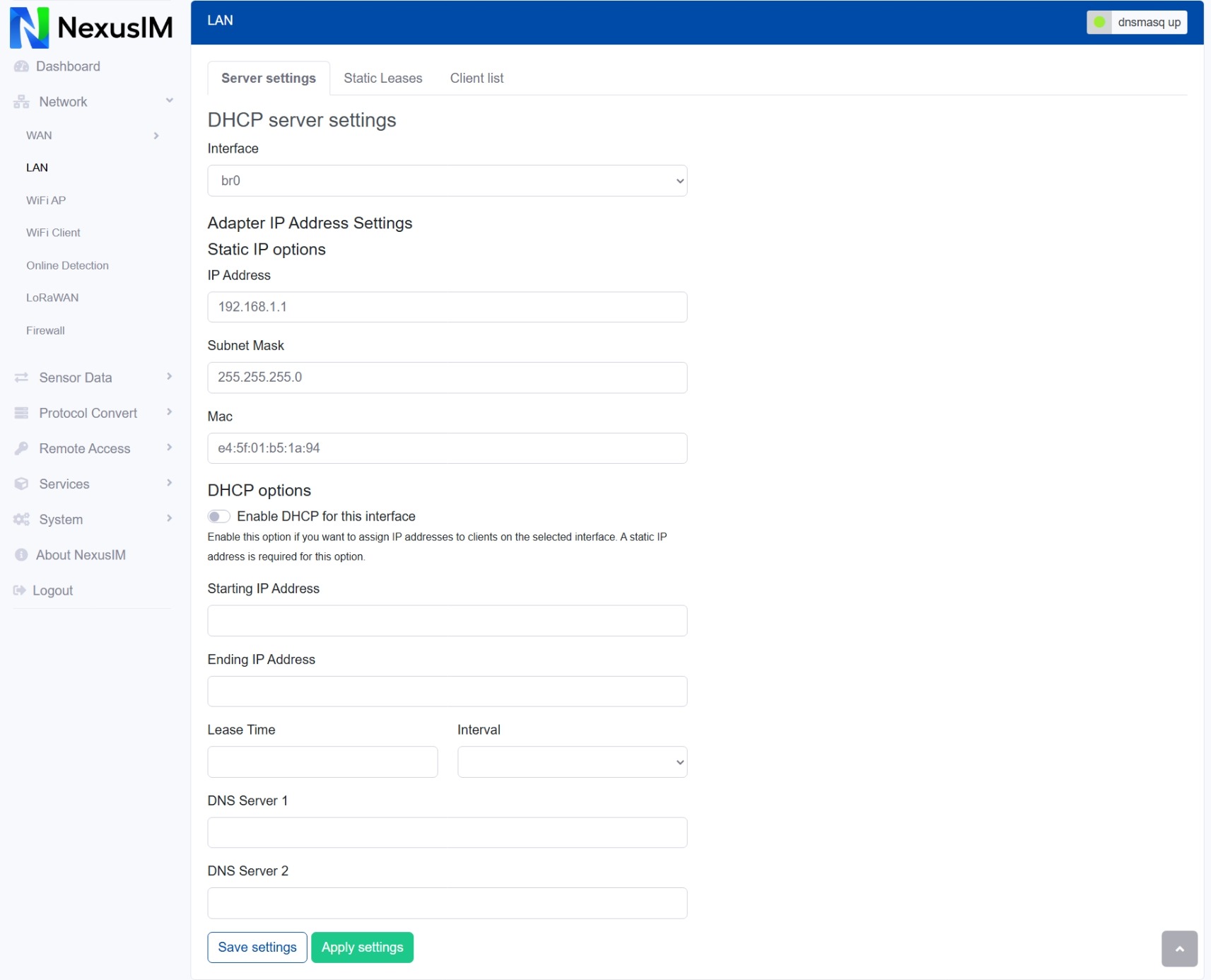 LAN DHCP server setting