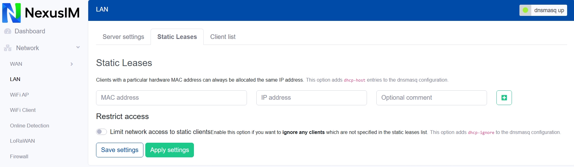LAN static leases